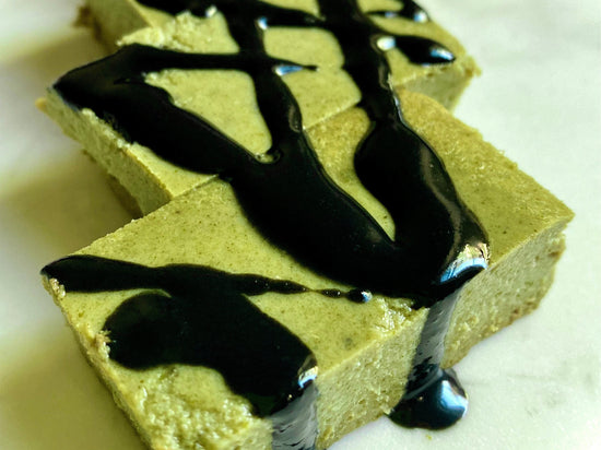 Matcha Tofu Cake with Black Tahini Sauce