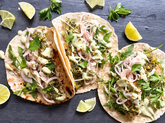 Fukamushi Sencha (green tea) Fish Tacos with Creamy Matcha Sauce